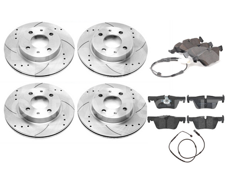 BMW 320d E90 E91 front and rear vented drilled and grooved brake rotors and pads