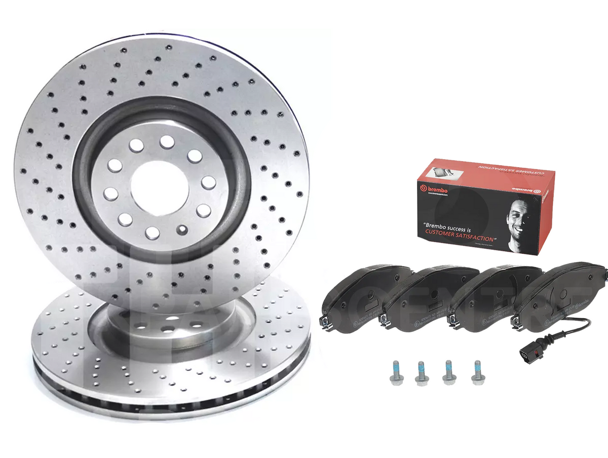 Drilled brake rotors, Brembo Pads, and hardware for Golf R MK7 front performance braking