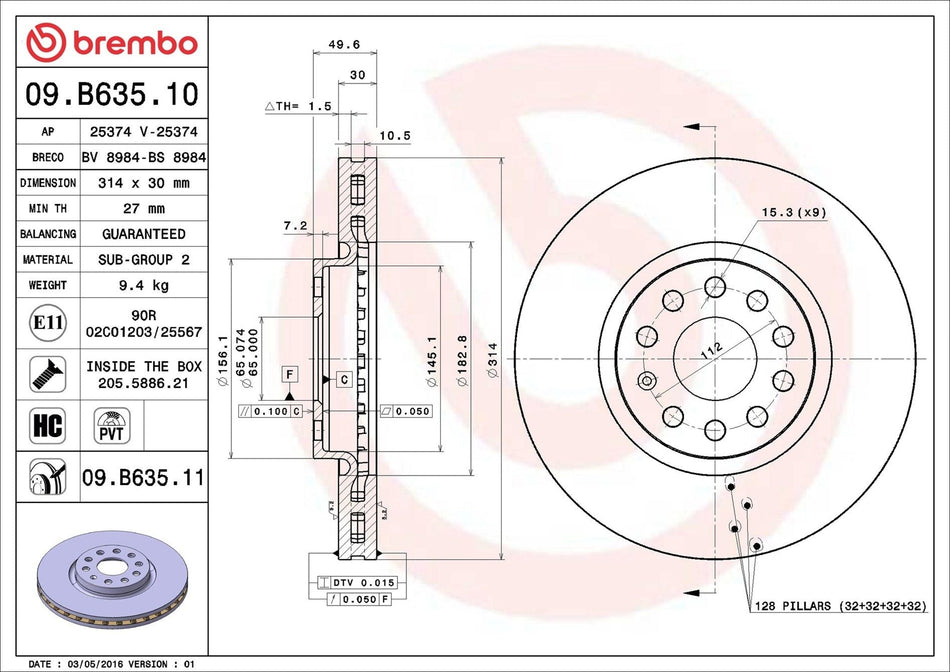 For Seat Alhambra Tarraco 1.4l - 2.0 l 2012 Front Vented Brembo Brake Discs Pair