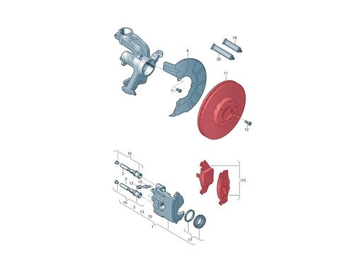 Car brake assembly diagram for Seat Ibiza Fr Tsi 1.0 Petrol 2017 front brake discs and pads