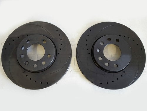 Black drilled and grooved Vauxhall Vectra B front brake rotors 288mm vented disks